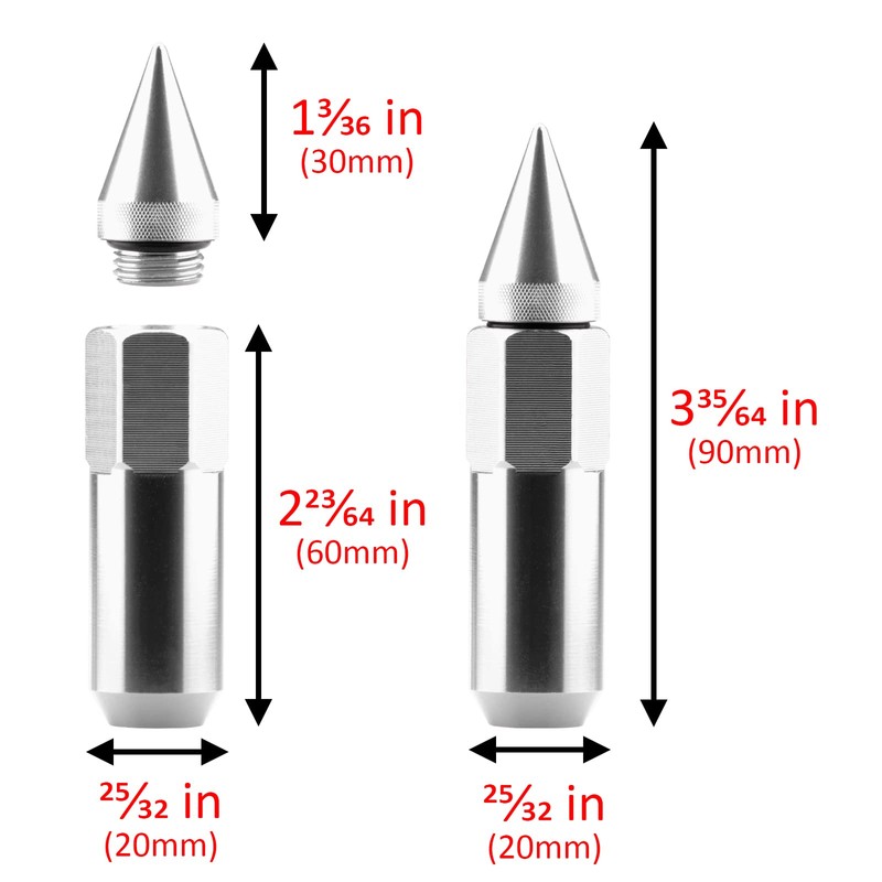 Silver 20 PCS M12x1.25 Lug Nuts Spiked 60mm Extended Tuner