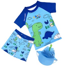 INWOSNEY Traje de baño para niños con protección UPF 50+ y traje de baño de dinosaurio con sombrero de secado rápido para niños y niñas, Azul, Large