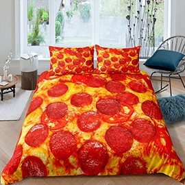3D Pizza Decor Duvet Cover Cute Cartoon Pizza Bedding Set for Kids Boys Girls Novelty Delicious Pizza Comforter Cover Luxury Fresh Orange Decor Bedspread Cover Room Decor 2Pcs Single Size,Zipper