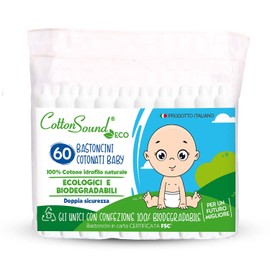 COTTON SOUND Eco Cotton Buds Baby 1 Bag x 60 Pieces, Cotton Buds for Children, Ecological and Biodegradable Cotton Sticks, 100% Hydrophilic Cotton, Compostable Bag, Made in