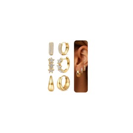 JeweBella 3 Pairs Gold Hoop Earrings for Women Chunky Earrings Hypoallergenic Huggie Earrings 18K Gold Plated Earrings Lightweight Cartilage Stackable Earrings Set(Gold/Silver)