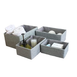 LA JOLIE MUSE Storage Baskets Set 4 - Stackable Woven Basket Paper Rope Bin, Storage Boxes for Makeup Closet Bathroom Bedroom (Gray)