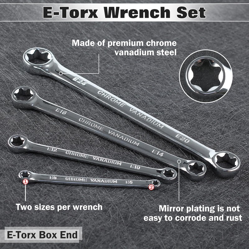 LEONTOOL 4Pcs E-Torx Wrench Set Double Box End Star Wrench
