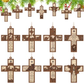 Seeloowy 24 Pcs Christmas Wooden Cross Ornaments for Tree Christian Religious Cross Hanging Ornaments Christian Nativity Scene Gift Decorations for Home Xmas Holiday Church Decor