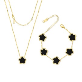 Lucky Clover Necklace Bracelet Set Clover Jewelry Set for Women Dainty Lucky Five Leaf Clover Necklace and Bracelet Jewelry Gifts for Mom Wife Daughter (Black)