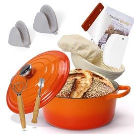 5QT Enameled Cast Iron Dutch Oven for Bread Baking with Lid, Sourdough Baking Supplies with Proofing Basket, Bread Making Tools Set, Heavy-Duty Cookware for Braising, Stews, Roasting (Orange)