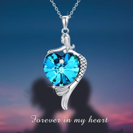 AOBOCO Mermaid Necklace Sterling Silver Sea Mermaid with Ocean Blue Heart Pendant Crystal, Christmas Birthday Jewelry Gifts for Women Girlfriend Daughter