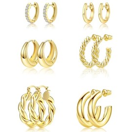 Trendy 6-Piece 14K Gold Plated Earrings Set, Chunky Geometric Hoops, Hypoallergenic and Non-Tarnish for Women, Fashion Accessories for Women, Lightweight Gold Jewelry Bundle.