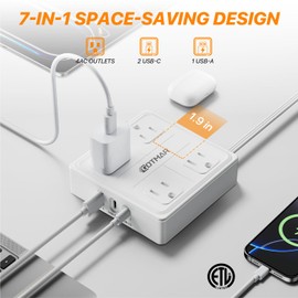 Flat Plug Power Bar with Surge Protector, 5 Ft Ultra-Thin Extension Cord, 4 Multi Outlets & 3 USB (2 USB-C), Surge Protector Power Strip, Wall Mount Charging Station for Home, Office & Dorm, White