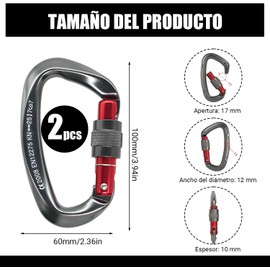 Mosquetón de 25 KN Gris para Escalada y Montañismo Paquete de 2 Mosquetones de Seguridad para Trabajos Aéreos, Mosquetones de Aluminio Aeroespacial, Equipos de Rescate
