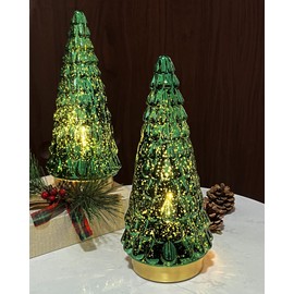 SHMILMH Mercury Glass Christmas Tree Green, Tabletop Christmas Tree with Light, Battery Operated Mini Xmas Tree for Fireplace Centerpiece Decorations 10", Set of 2
