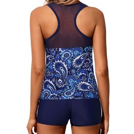 Yonique Tankini Trajes de baño para mujer con pantalones cortos, trajes de baño atléticos de dos piezas con espalda cruzada, Paisley azul oscuro., X-Small