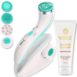 Lumineo Facial Cleansing Brush with Cleansing Gel, for Pore Exfoliating and Blackhead Cleansing, Electric USB Face Brush for Gentle Deep Cleansing (Pro Turquoise (Sensitive Skin))