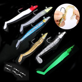 6Pcs Soft Fishing Lures Jig Head with T Tail Soft Fish Baits, 22g Sinking Fishing Baits Swimbaits Fish Hooks Paddle Tail Sand Eel Including 2 Luminous Fishing Jigs for Pike Bass Trout Perch