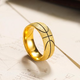 King Will Vintage Stainless Steel Men's Basketball Ring, 8mm Arc Design with Etched Basketball Pattern, Aged Gold Finish with Black Grooves, Size 9