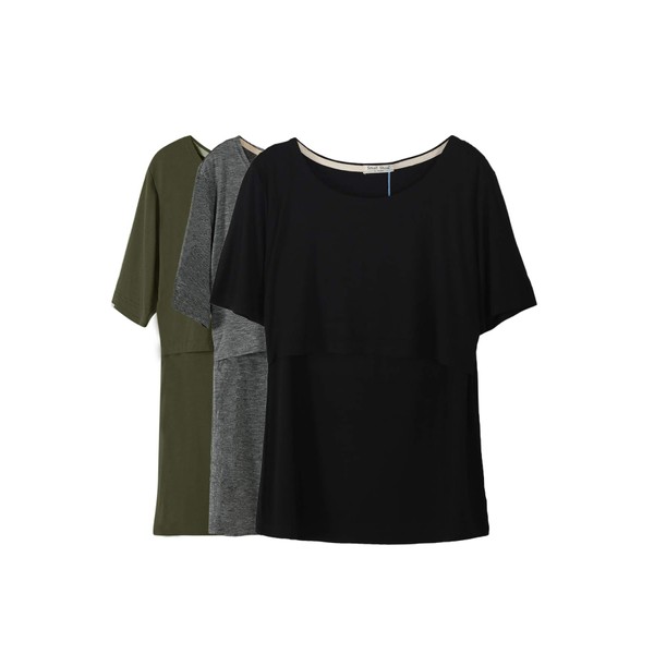 Smallshow Women's Nursing Tops, Short Sleeve Overlay Nursing Shirts, Army Green-Black-Dark Grey