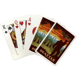 Lantern Press Seattle Skyline, Bigfoot, WPA Style (52 Playing Cards, Poker Size Card Deck with Jokers)