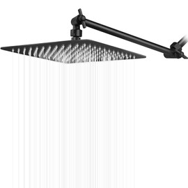 HarJue High Pressure Large Stainless Steel Square Rain ShowerHead With Shower Arm Waterfall Full Body Coverage Easy to Clean and Install (12 Inch With Arm, Matte Black)