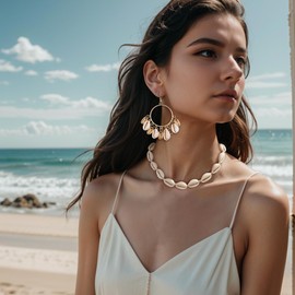 Ever Faith Shell Choker Necklace for Women, Boho Handmade Puka Shell Cowrie Seashell Statement Necklaces with Earrings Hawaiian Style Summer Jewellery for Holiday with Adjustable Beige Braided Rope