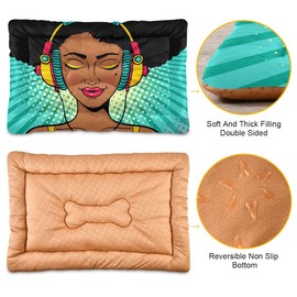 Young Sexy African American Woman Listening to Music in Headphones Dog Cat Bed Mat Soft Crate Pad Mattress Cushion for Small Medium Pets, Anti Slip Sleeping Kennel Mat Washable & Dry 36x24 inch