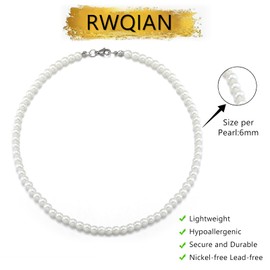 RWQIAN White Pearl Necklace for Men Women 6mm Round Faux Pearl Choker Necklace Chain Length 50cm Jewelry with Delicate Box Gift for Teens Girls Boys
