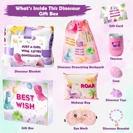 BeYumi Pink Dinosaur Gift for Girls Age 6-8 Birthday Gift Box for 3 4 5 6 7 8 9 10 11 12 Years Old Toddler Girls Basket with Blanket Throw Water Bottle Cosmetic Bag Bracelet for Teens