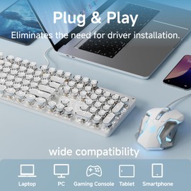 EWEADN TK100 Wired Typewriter Mechanical Keyboard and Mouse, 104 Keys Aesthetic Typewriter Keyboard Mouse Combo with White Backlit, Anti-Ghosting, Black Switch Cute Keyboards-White