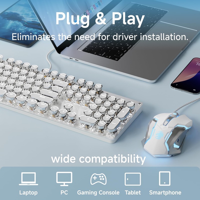 EWEADN TK100 Wired Typewriter Mechanical Keyboard and Mouse, 104 Keys