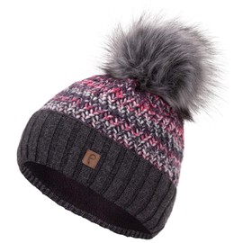 Faera Winter Warm Lined Faux Fur Bobble Hat, Fleece Lining, Winter Knitted Beanie Hat, Unisex, One Size - charcoal