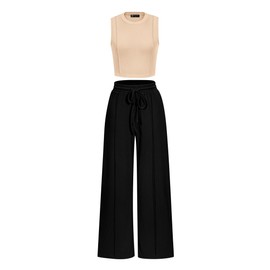 PRETTYGARDEN Women's Summer 2 Piece Loungewear Set Cropped Tank Top Wide Leg Sweatpants Tracksuit Casual Outfits (Apricot Black,Medium)