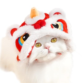 BAMY Lion Dance Cat Hat New Year Pet Cap Warm Dog Head Accessorries Cosplay Hat Costume for Cats Kitten Puppy Small Dogs (Head Circumference 13.8 inches)