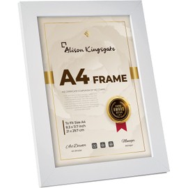 Alison Kingsgate Premium White A4 Frame in Size 29.7x21cm - A4 Frame White with Safe Perspex Sheet & Wall Mounted Hook - A4 White Picture Frames - A4 Certificate Frame (White)