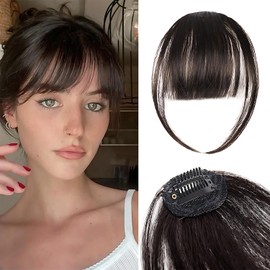 100% Human Hair Clip in Bangs for Women - Natural Bangs Look with Temples, Thin or Curved Bangs (Dark Brown)