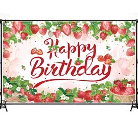 Fondo de fiesta de cumpleaños de fresas de 6 x 3.6 pies, telón de fondo de fresa rosa para decoración de fiesta de cumpleaños de niñas, fotografía de fresas, decoraciones de fondo de feliz cumpleaños.