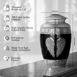 STONLIF Angel Wings Cremation Urns for Human Ashes - Memorial Urn for Adults, Women, and Men - Decorative Urn for Home, Burial, or Funeral (Black, Large)