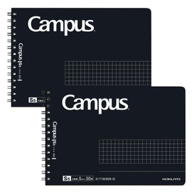 Kokuyo T193S5-DX2SET Campus Twin Ring Notebook, Adult Campus, Half Size, Squared, B6 Model, Black, 50 Sheets, Set of 2