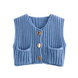 Meyhad Women's Sleeveless Knit Cardigan Casual Button Down Cropped Knitted Sweater Vest with Pockets (0911-Blue-L)