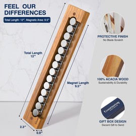 Magnetic Knife Holder for Wall 12", Knife Magnetic Strip No Drilling, Acacia Wood Magnetic Knife Holder for Refrigerator, Strong Knife Magnet&Knife Rack for Kitchen Utensil Organizer