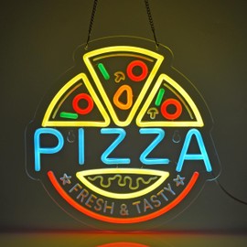 JULHOVR Pizza Neon Sign, Neon Lights Hanging Wall Art Decoration for Restaturant Shop Bar Market Bakeries Café Celebration Home Decor, USB Powered Ultra Bright Dimmable,12.6×12.6inches
