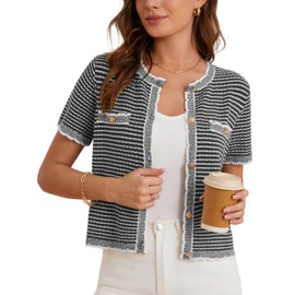 Black Cardigan for Women 2025 Open Front Button Down Lightweight Knit Sweater Outerwear Short Sleeve Summer Outfits Stripe Black S