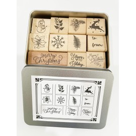 11PCS Merry Christmas Wooden Rubber Stamps, 4 Craft Ink Pads and 40 Blank Gift Tags are Flexible to Choose can be Used to Make DIY Cards and Party Favors Decorations scrapbooks (Stamps with Tin Box)