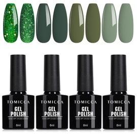 TOMICCA UV Nail Polish Green Set, 4 Colours, Dark Green Glitter Gel Nail Polish, Soak Off UV/LED, Non-Toxic and Durable, Christmas Set for Starter Nail Art, Salon, DIY, Home, 8 ml