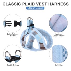EXPAWLORER Classic Plaid Step in Dog Harness - Small Dog Collar and Leash - Soft Mesh Padded Adjustable Small Dog Vest Harness No Pull, Reflective Escape Proof for Outdoor Walking, Blue X-Small