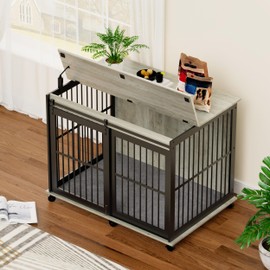 YOPTO Dog Crate Furniture,Decorative Pet Kennel Indoor with Metal Frame,Mat,Chew-Resistant Sliding Iron Door,for Medium and Small Sized Dogs,43.7''W x 30''D x 33.7''H,Rustic Brown