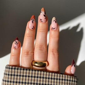 French Tip Press on Nails Medium Almond Fake Nails Leaf Acrylic Nails Brown Nail Tip Glossy Fall False Nails Reusable Artificial Nails Glue on Nails for Women Girls Daily Wear Manicure 24Pcs