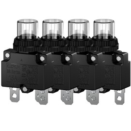 CLDIY 15A Circuit Breaker with Thermal Overload Protection, 88 Series Manual Push Button Reset with Quick Connection Terminals and Waterproof Keycap 32VDC or 125/250VAC 4PCS