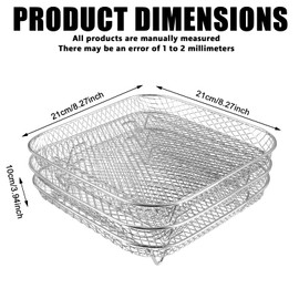 Luftfritteusen Regal, 3 Lagig Stapelbares Edelstahl Quadrat Air Fryer Racks Heißluftfritteuse Zubehör mit 8 Silikonfüßen 1 Pinzette und 1 Bürste für die meisten 5,5 bis 8 L Heißluftfritteusen