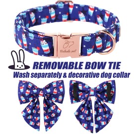 Dog Collar for Flag Day, Stars and Ice Cream Cotton Dog Collar with Tie Safety Metal Buckle, Adjustable Puppy Collar for Small, Medium and Large Dogs L