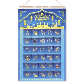 DPKOW Ramadan Advent Calendar 30 Pockets, Linen Fabric Ramadan Hanging Advent Calendar for Wall Door Decorations Ramadan Countdown Calendar with Pole, Blue Gold Ramadan Mubarak Calendar, 3.2 * 2.1 FT