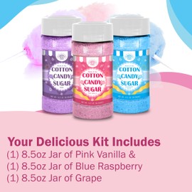 Cotton Candy Floss Sugar Package of ct-(Pink Vanilla, Blue Raspberry & Grape)-8.5oz Each Flavor (1 Count (Pack of 3))